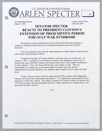 Senator Specter reacts to President Clinton's extension of presumptive period for Gulf War Syndrome