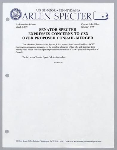 Senator Specter expresses concerns to CSX over proposed Conrail merger