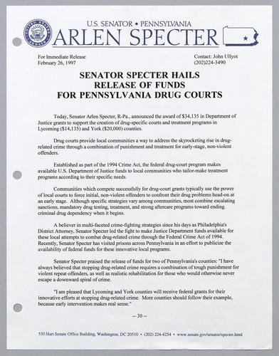 Senator Specter hails release of funds for Pennsylvania drug courts