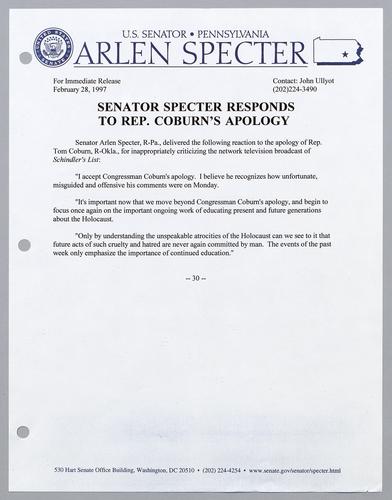 Senator Specter responds to Representative Coburn's apology