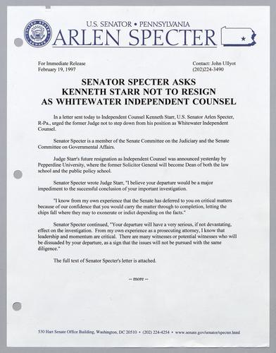 Senator Specter asks Kenneth Starr not to resign as Whitewater Independent Counsel