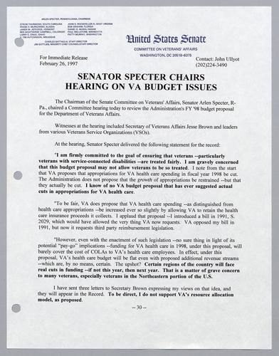 Specter chairs Senate hearing on VA budget issues