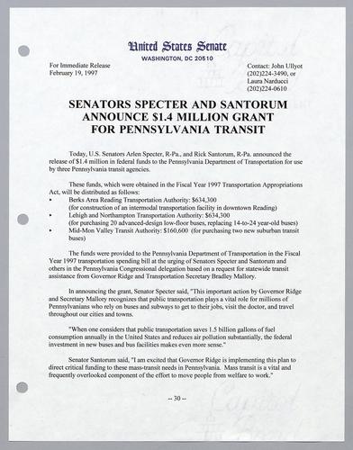 Senators Specter and Santorum announce $1.4 million grant for Pennsylvania transit