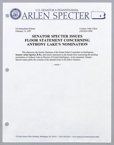 Senator Specter issues floor statement concerning Anthony Lake's nomination