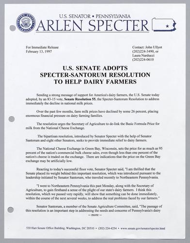 U.S. Senate adopts Specter-Santorum resolution to help dairy farmers