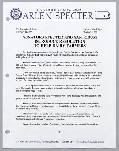 Senators Specter and Santorum introduce resolution to help dairy farmers