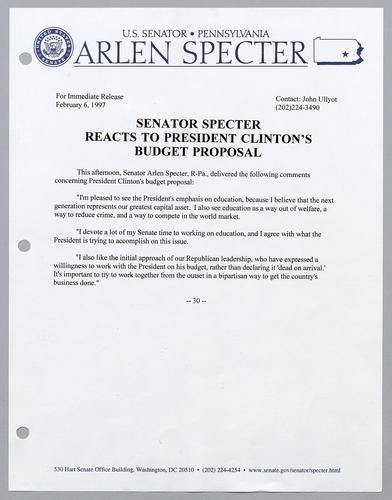 Senator Specter reacts to President Clinton's budget proposal