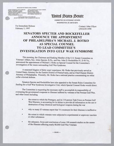 Senators Specter and Rockefeller announce the appointment of Philadelphia's Michael J. Rotko as special counsel to lead committee's investigation into Gulf War Syndrome