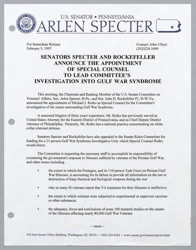 Senators Specter and Rockefeller announce the appointment of special counsel to lead committee's investigation into Gulf War Syndrome