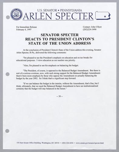 Senator Specter reacts to President Clinton's State of the Union Address
