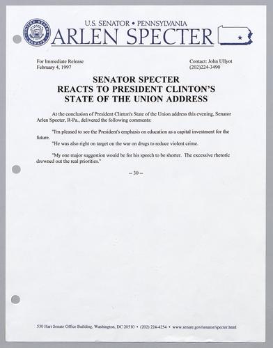 Senator Specter reacts to President Clinton's State of the Union Address