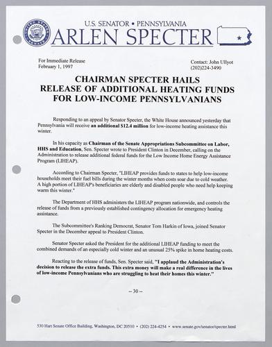 Chairman Specter hails release of additional heating funds for low-income housing