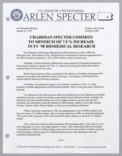 Chairman Specter commits to minimum of 7.5% increase in fiscal year 1998 biomedical research