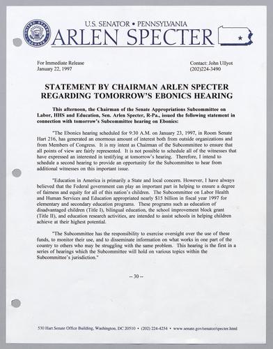 Statement by chairman Arlen Specter regarding tomorrow's Ebonics hearing