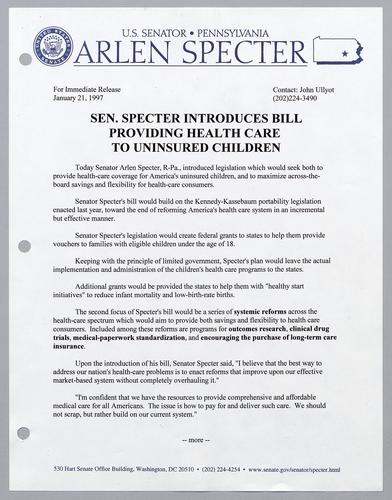 Senator Specter introduces bill providing health care to uninsured children