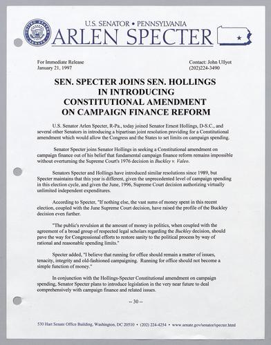 Senator Specter joins Senator Hollings in introducing constitutional amendment on campaign finance reform