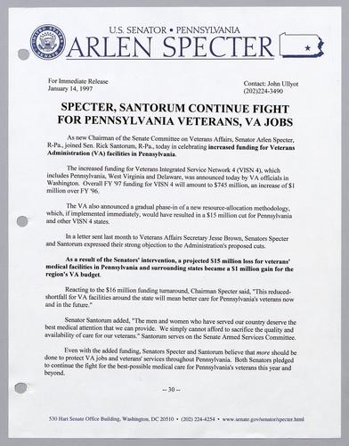 Specter, Santorum continue fight for Pennsylvania veterans, VA jobs