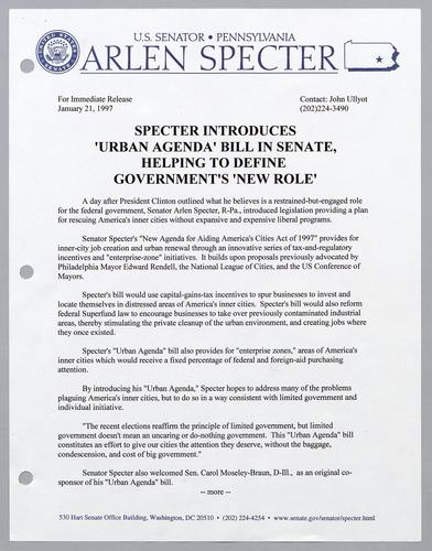 Specter introduces "urban agenda" bill in Senate, helping to define government's "new role,"