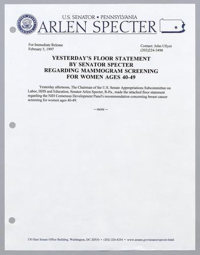 Yesterday's floor statement by Senator Specter regarding mammogram screening for women ages 40-49