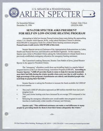 Senator Specter asks President for help on low-income heating program