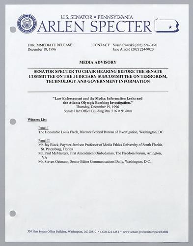 Senator Specter to chair hearing before the Senate Committee on the Judiciary subcommittee on terrorism, technology, and government information