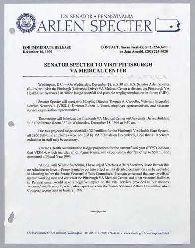 Senator Specter to visit Pittsburgh VA Medical Center