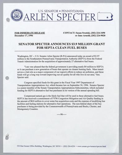 Senator Specter announces $3.9 million grant for SEPTA clean fuel buses