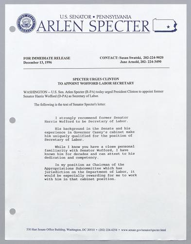 Specter urges Clinton to appoint Wofford Labor Secretary