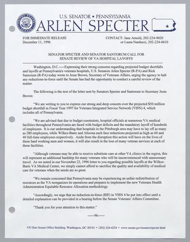 Senator Specter and Senator Santorum call for Senate review of VA hospital layoffs