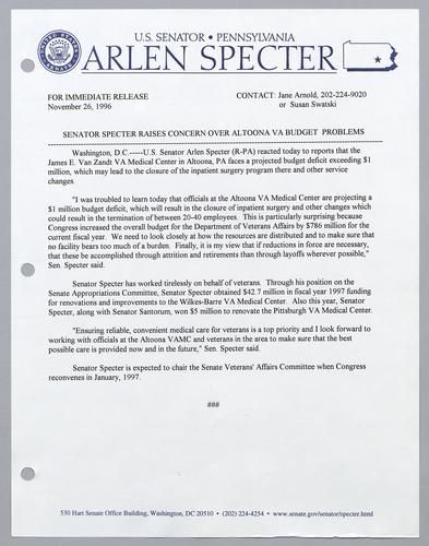 Senator Specter raises concern over Altoona VA budget problems