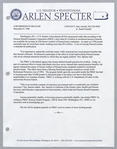 Senator Specter announces Pennsylvanians owed $1.4 million in pension benefits