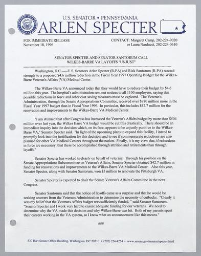 Senator Specter and Senator Santorum call Wilkes-Barre VA layoffs "unjust,"