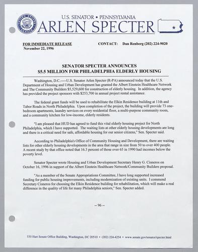 Senator Specter announces $5.5 million for Philadelphia elderly housing