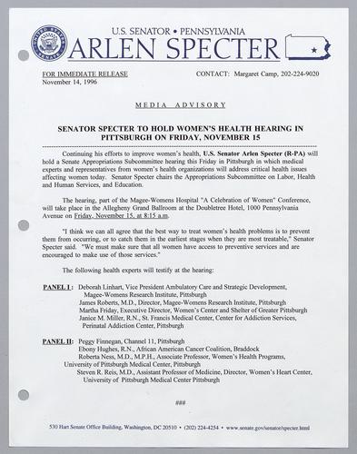 Senator Specter to hold women's health hearing in Pittsburgh on Friday, November 15