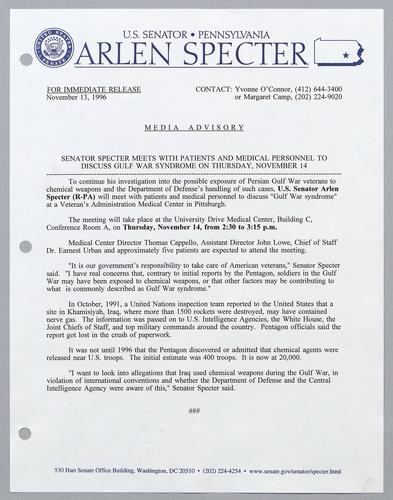 Senator Specter meets with patients and medical personnel to discuss Gulf War Syndrome on Thursday, November 14