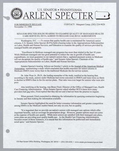 Senator Specter holds hearing to examine quality of managed health care services; HCFA agrees to release gag rule agreements