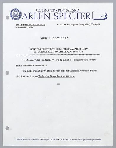 Senator Specter to hold media availability on Wednesday, November 6, at 10:45 am