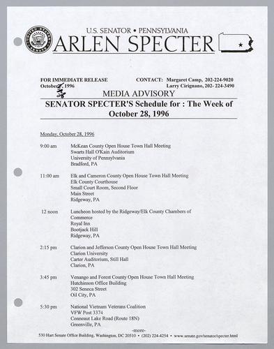 Senator Specter's schedule for: the week of October 28, 1996