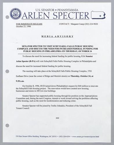 Senator Specter to visit Schuylkill Falls public housing complex and discuss the need for increased federal funding for public housing in Philadelphia on Thursday, October 24