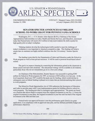 Senator Specter announces $13 million school-to-work grant for Pennsylvania schools