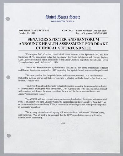 Senators Specter and Santorum announce health assessment for Drake chemical superfund site