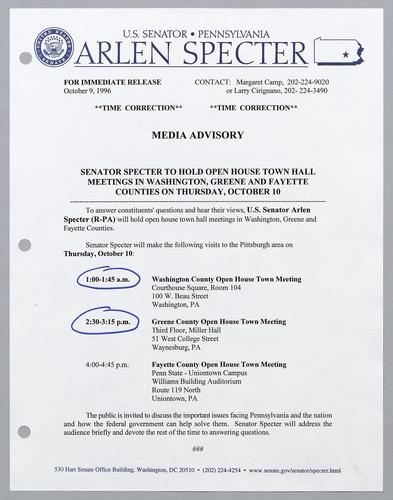 Senator Specter to hold open house town hall meetings in Washington, Greene, and Fayette Counties on Thursday, October 10