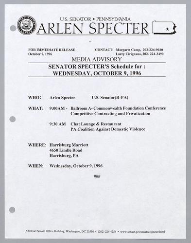 Senator Specter's schedule for: Wednesday, October 9, 1996