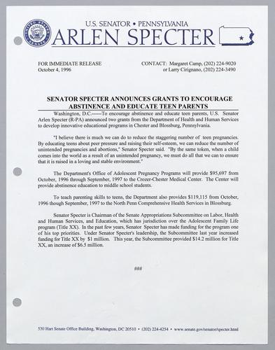 Senator Specter announces grants to encourage abstinence and educate teen parents