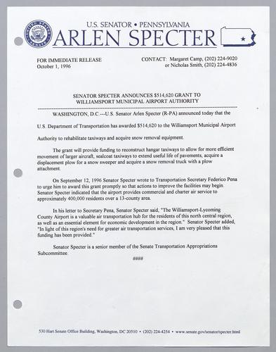 Senator Specter announces $514,620 grant to Williamsport Municipal Airport Authority