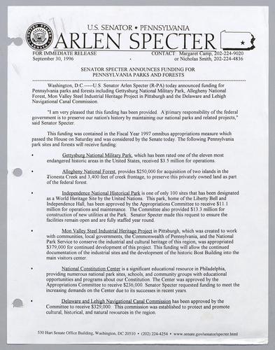 Senator Specter announces funding for Pennsylvania parks and forests