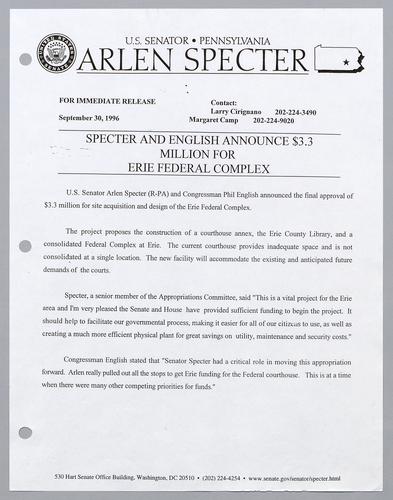 Specter and English announce $3.3 million for Erie Federal Complex