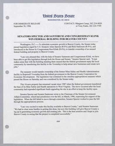 Senators Specter and Santorum and Congressman Klink win federal building for Beaver County