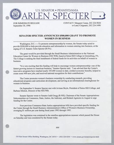 Senator Specter announces $500,000 grant to promote women in business