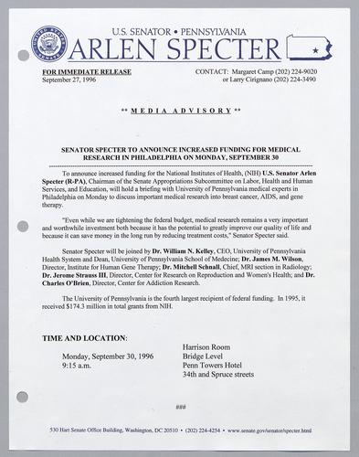 Senator Specter to announce increased funding for medical research in Philadelphia on Monday, September 30